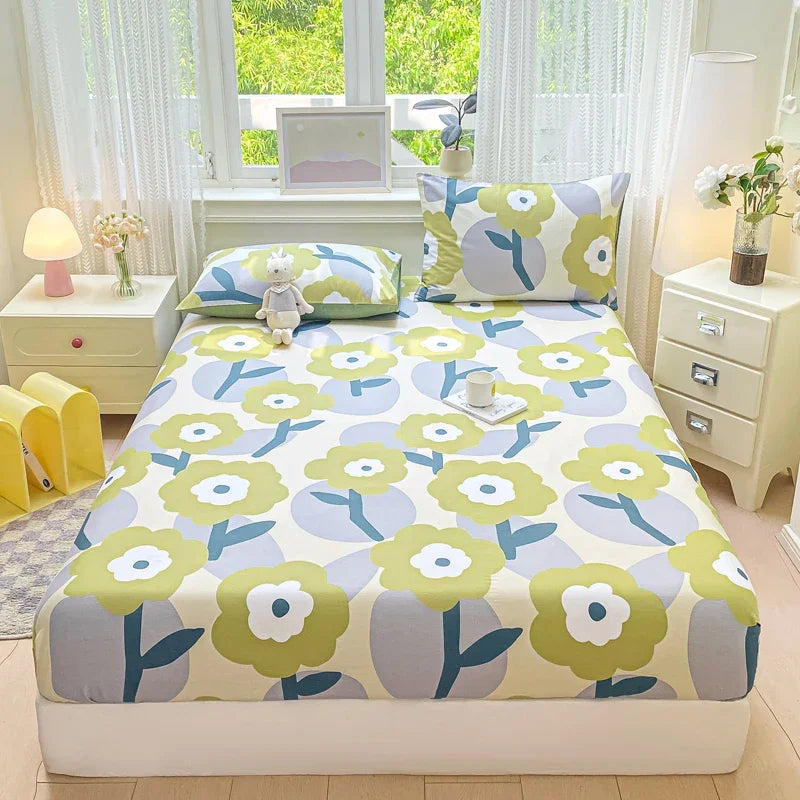 Cotton Fitted Sheet Single Double Queen Size Printed Mattress Cover With Elastic Band Bedsheet Soft Comfortable Fitsheet