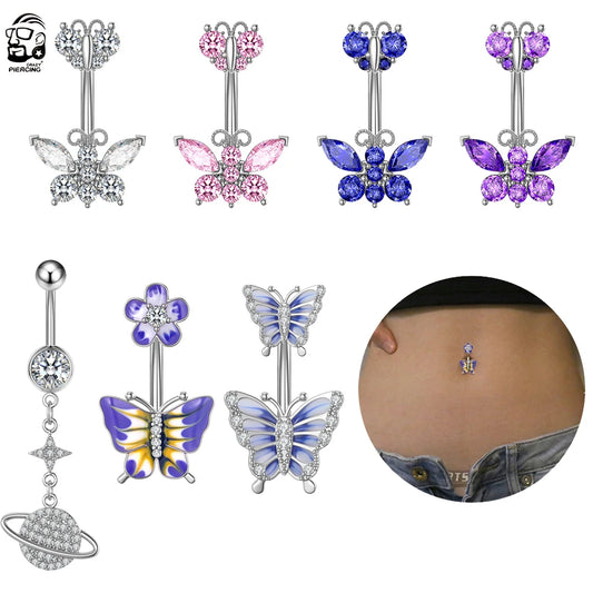 Surgical Steel Cute Butterfly Belly Button Rings Fashion Crystal CZs Dangled Navel Piercing Ombligo Women Body Jewelry 1.6*10mm