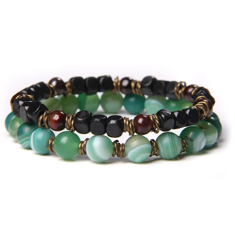 2pcs/set Beaded Bracelet Natural Stone Tiger Eye Hematite Beads Bracelet Men Energy Elastic Rope Bracelet Jewelry Couples Gifts