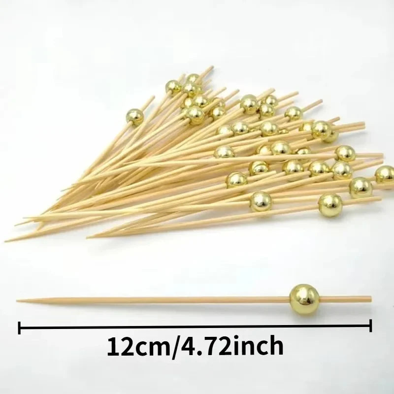 Tejesa 200PCS Gold Silvery White Pearl Bamboo Skewers Fruit Pearl Bamboo Skewers Party Cake Dessert Cocktail Food Buffet Toothpick