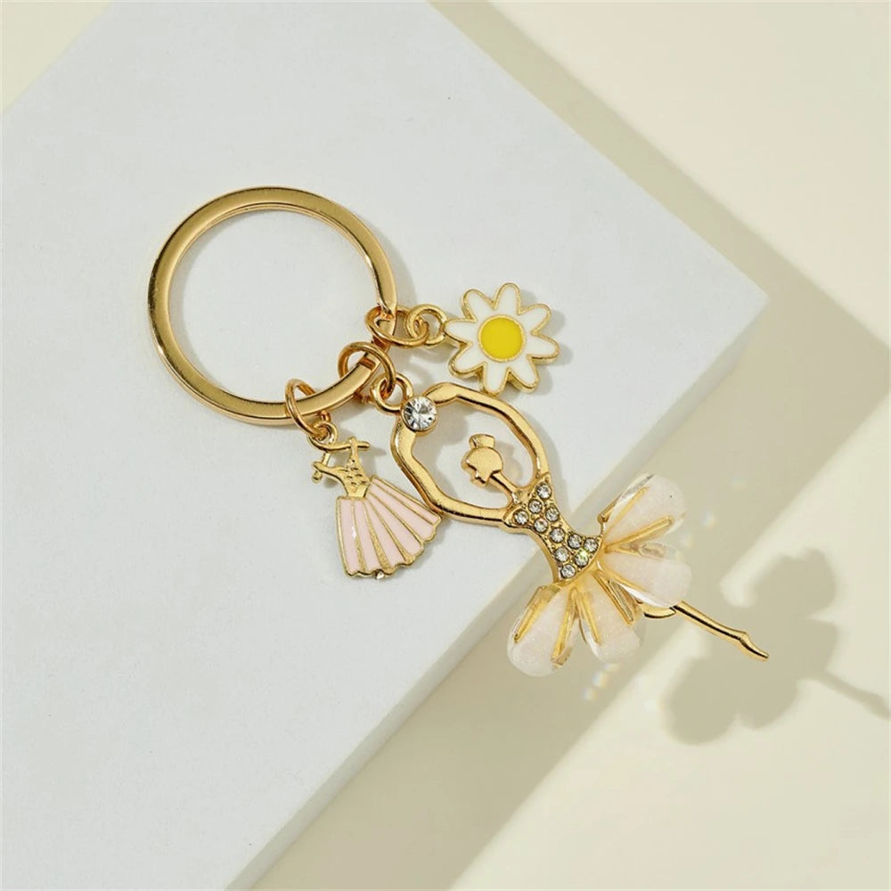 Cute Ballet Dancer Keychain Elegant Sunflower Ballerina Pendant Keyring Bag Charm Backpack Accessories Women DIY Jewelry Gift