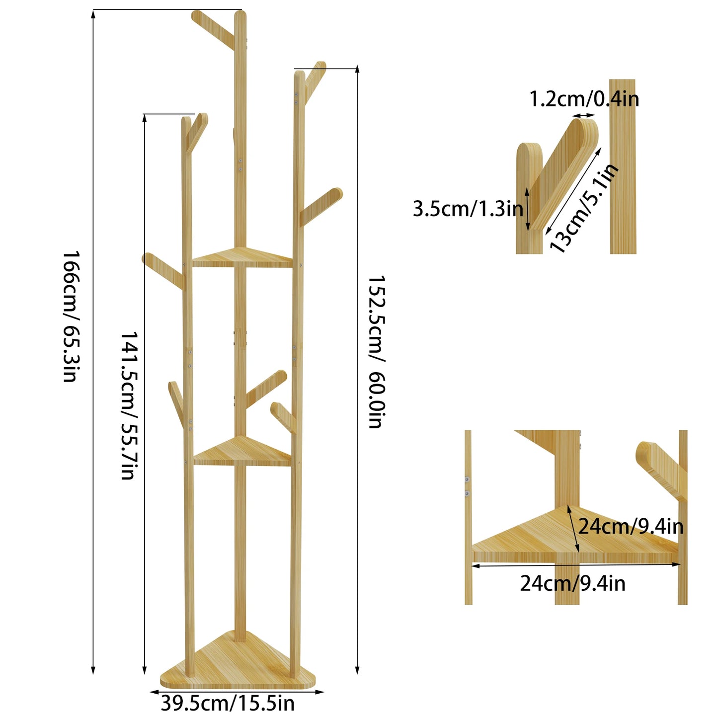 Floor Tree Clothes Coat Hanger Rack Garment Storage Stand with 10 Hanging Hooks and Shelf