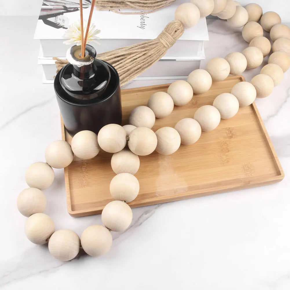 DIY Wood Bead Garland with Tassels Natural Rustic Wooden Prayer Boho Beads For wall hanging decor Vase Door Tiered Tray Decor