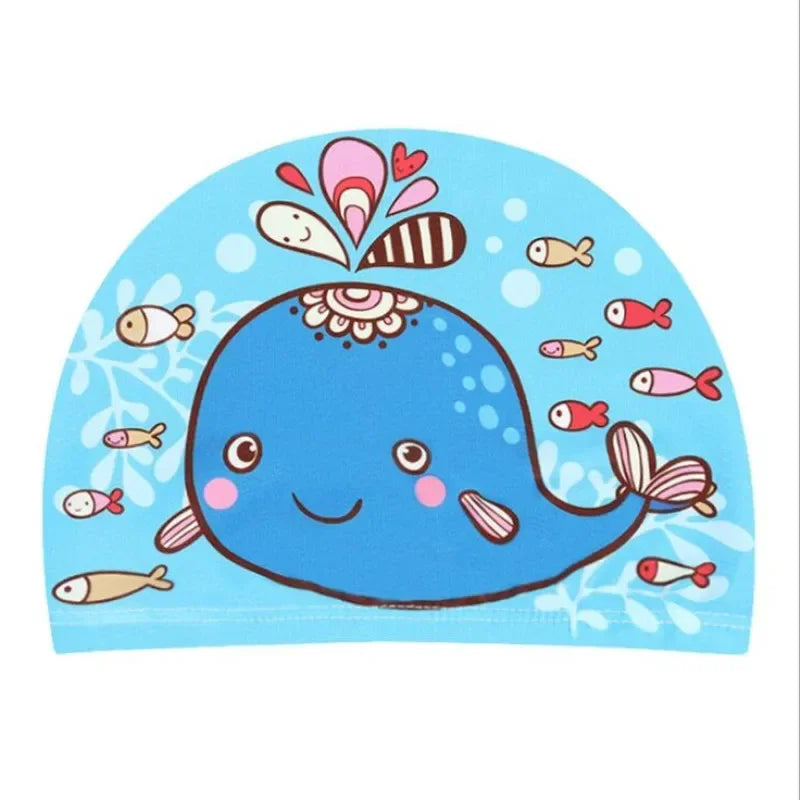 Hemasa Swimming Cap for Children Elastic Fabric Cute Cartoon for Long Hair Lovely Kids Protect Ears Swim Pool Hat for Boys Girls Swim