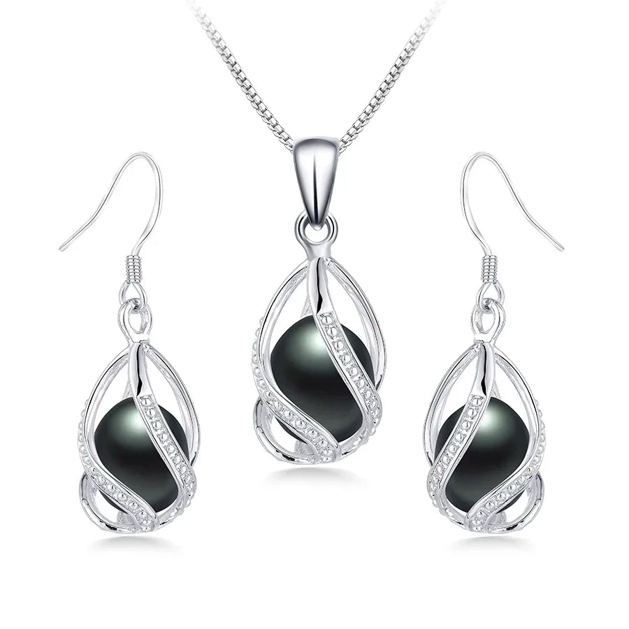 YWYC 8-9mm Natural Freshwater Pearl In Cage Pendant Necklace Drop Earrings & Pendant Jewelry Set for Women