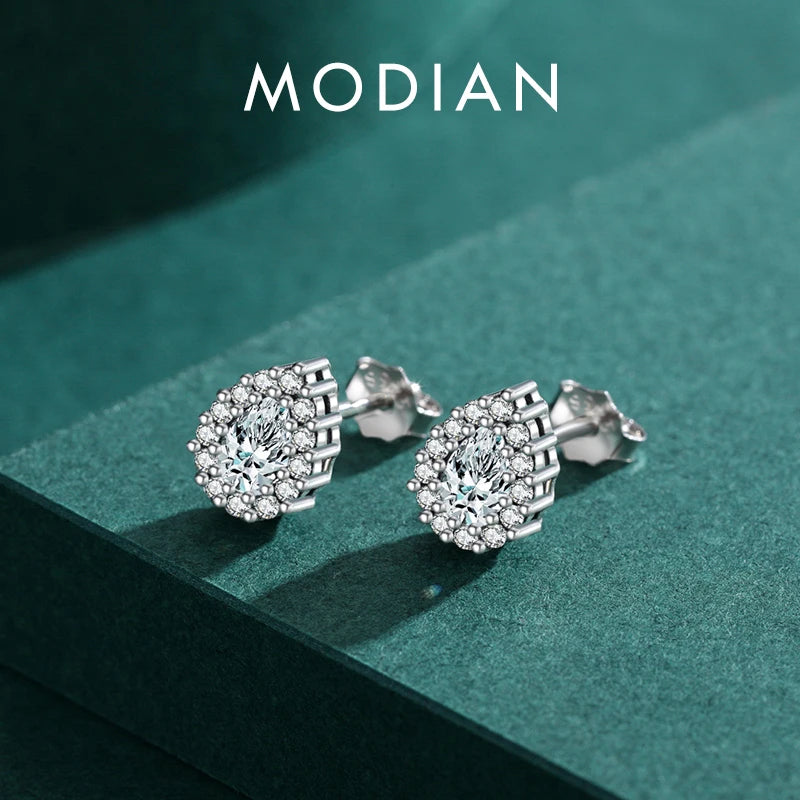 MODIAN Real 925 Sterling Silver Luxury Stud Earrings For Women Water Drop Sparkle Zircon Ear Stud Wedding Engagement Jewelry