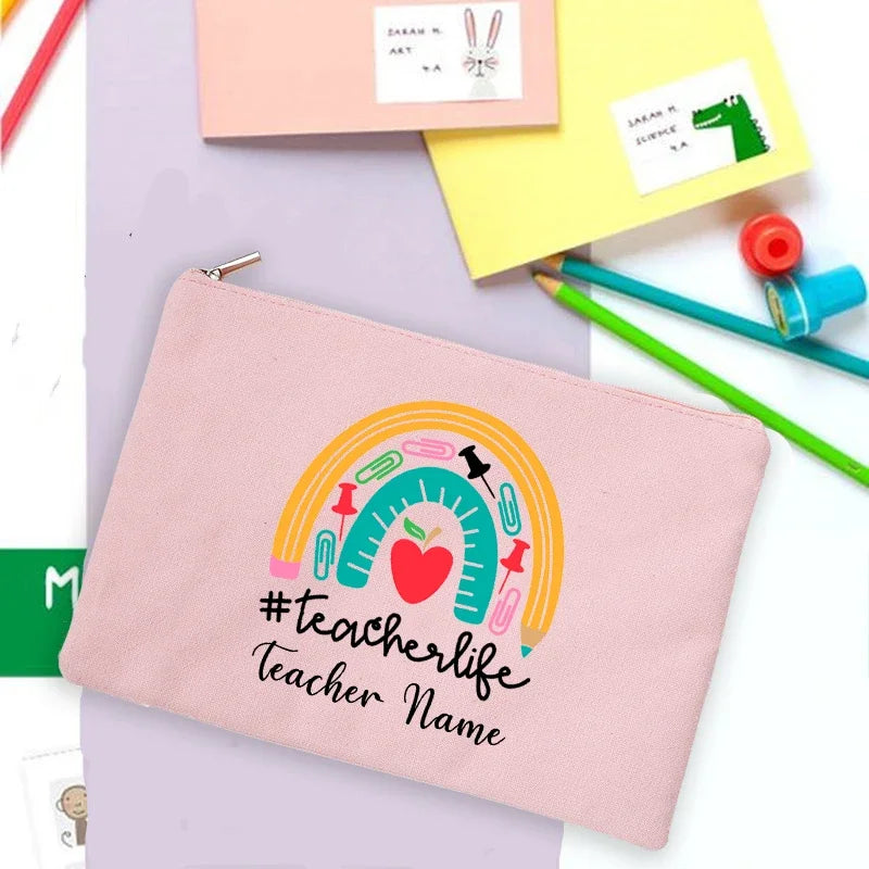 Rainbow Teacher Print Custom Name Personalized Supplies Storage Bags Travel Wash Pouch Makeup Bag Gifts Stationery Pencil Case