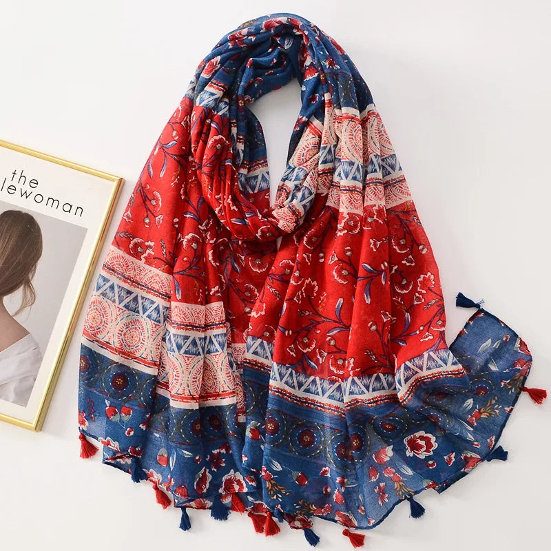 Tejesa Woman Shawl Fashion Design Tassel Cotton Scarf  /Floral Print Ladies Scarves