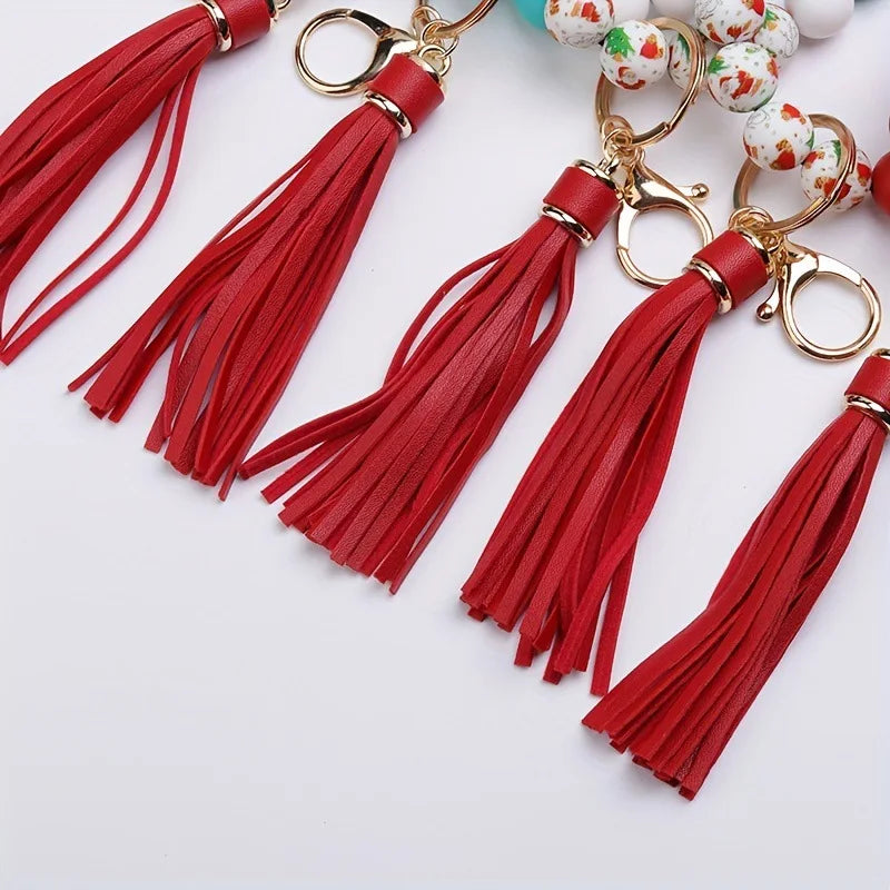 Hemasa Colorful Silicone Tassel Bracelet Keychain /Wood Beads Christmas Theme Party Favor Jewelry Accessory Versatile Gift