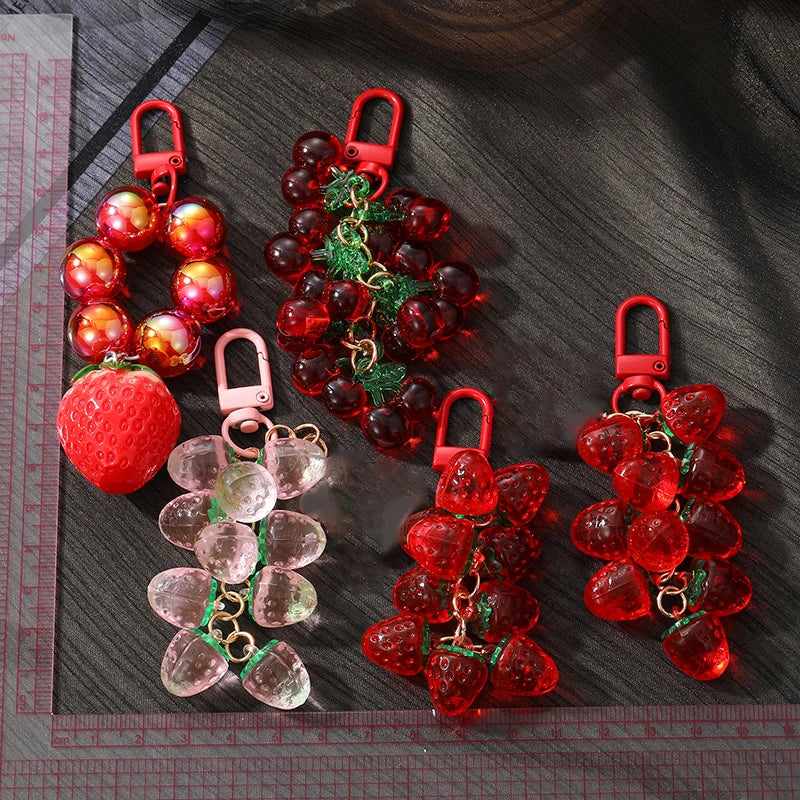 Hemasa 1PC Strawberry Cherry Red Beads Keychain Keyring For Women Girl Friend Simulated Fruit Bag Car Key Holder Airpods Box Jewelry