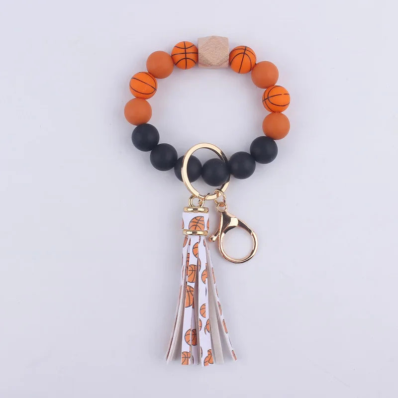 Food Grade Silicone Round Beaded Keychain Fashion Women Wristlet Bracelet Keyring For Anti-Loss Lobster Clasp Keychain Jewelry