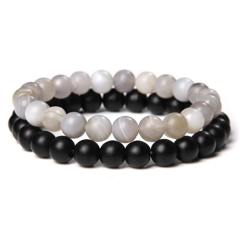 2pcs/set Beaded Bracelet Natural Stone Tiger Eye Hematite Beads Bracelet Men Energy Elastic Rope Bracelet Jewelry Couples Gifts