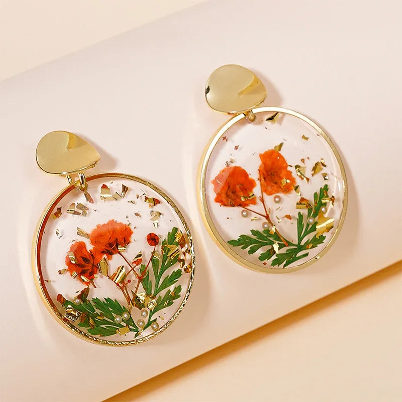 Creative Handmaking Pressed Flower Earrings Sweet Natural Flower Earrings Women Floral Statement Jewelry 2024 Boho Round Earring