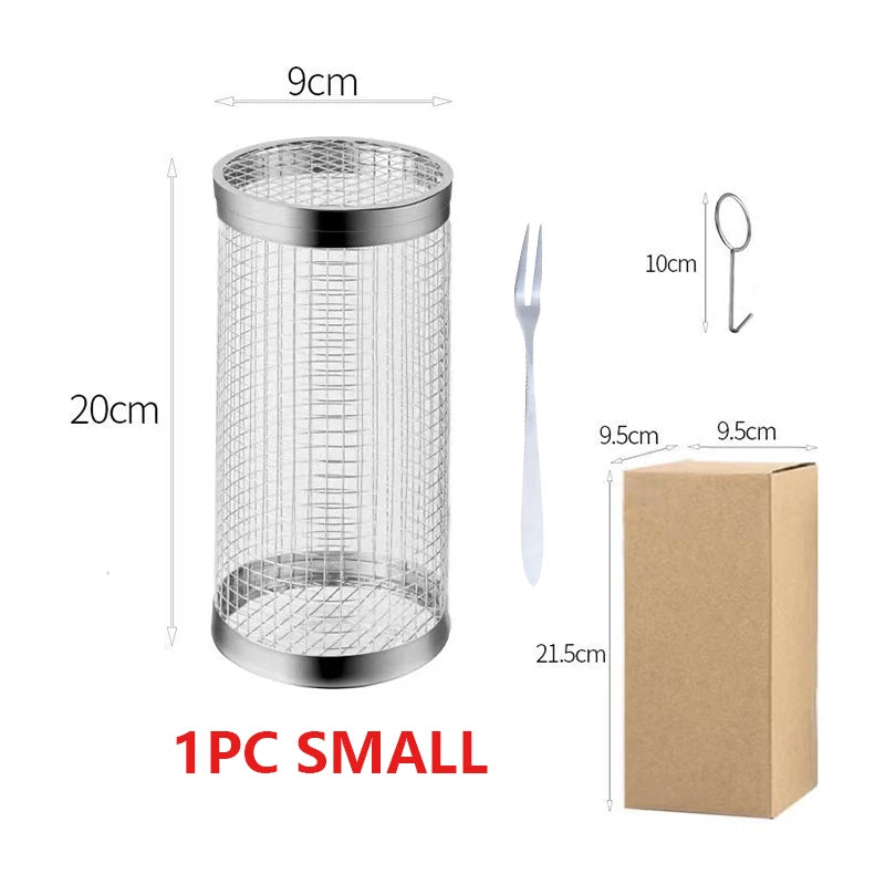 BBQ Grill Basket Stainless Steel Rolling Grilling Baskets for Ideal for Cooking Meat French Fries Vegetables on Outdoor Barbecue