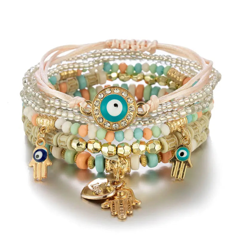 6Pcs Bohemian Evil Eye Bracelet Set For Women Fatima Hand Heart Charm Beaded Rope Chain Bangle Female Jewelry Gift