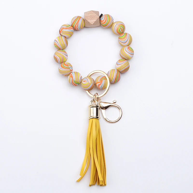 Hemasa  Silicone Bead Bracelet Tassel Keychain Colorful Stripes  Bead  Bag Key Pendant Gifts
