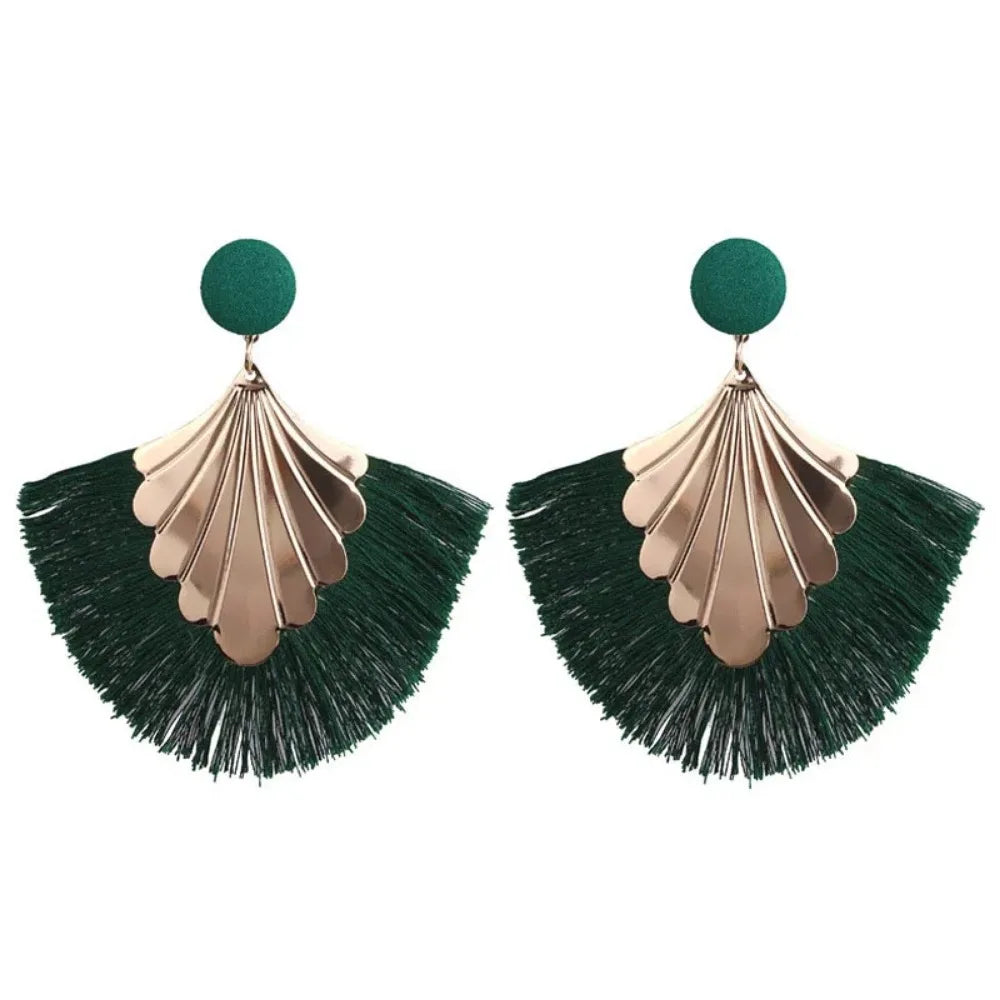 SUMENG 2024 New Bohemia Fan Shaped Tassel Earrings For Women Exaggerated Big Statement Fringed  Fashion Dangle
