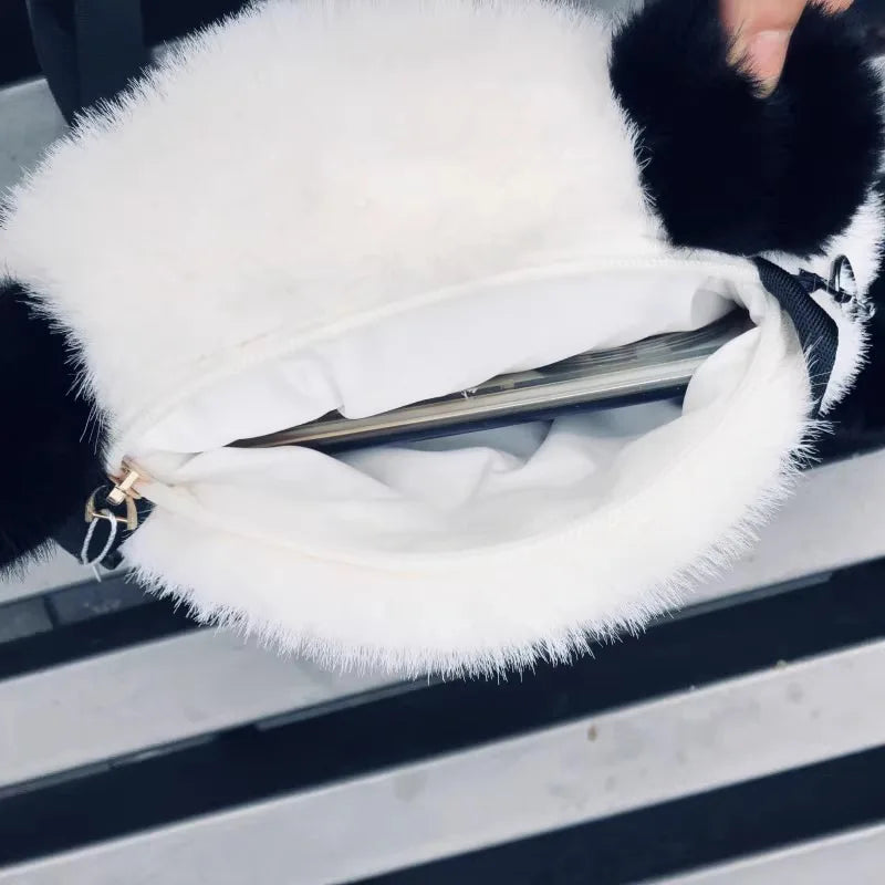 Baby Toddler Girls PANDA Faux Fur Handbag Animal Cartoon Plush Soft Casual Zipper Crossbody Cute Mini Shoulder Bag