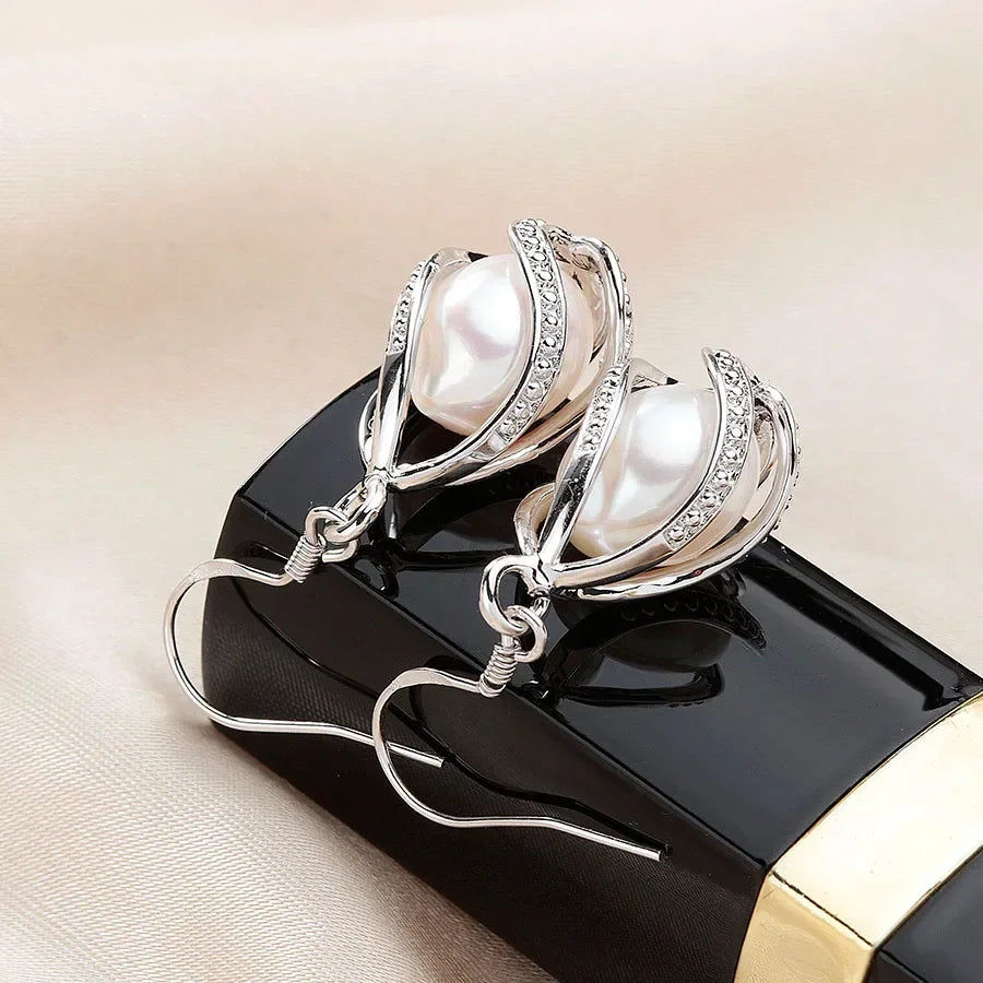 YWYC 7-8mm Natural Freshwater Pearl Drop Earrings Rice Shape Pearl In Cage 925 Silver Earrings for Women Jewelry Gift
