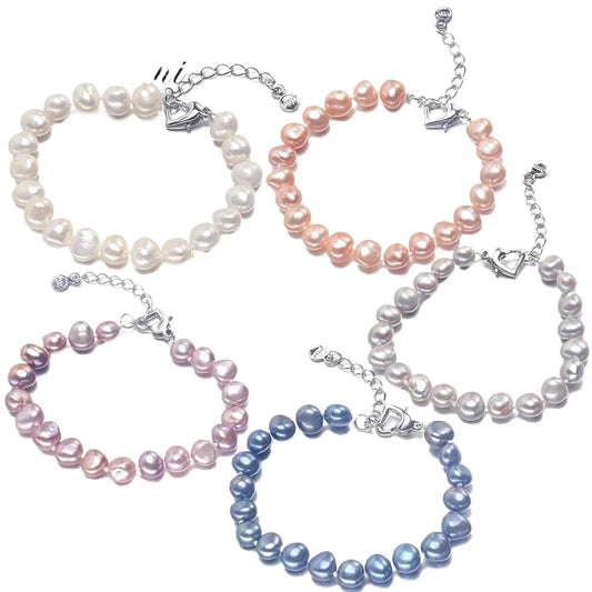 YWYC 5-6mm Heart Buckle Bracelet for Women Natural Freshwater Baroque Pearl 16-20cm Bracelets with Chain