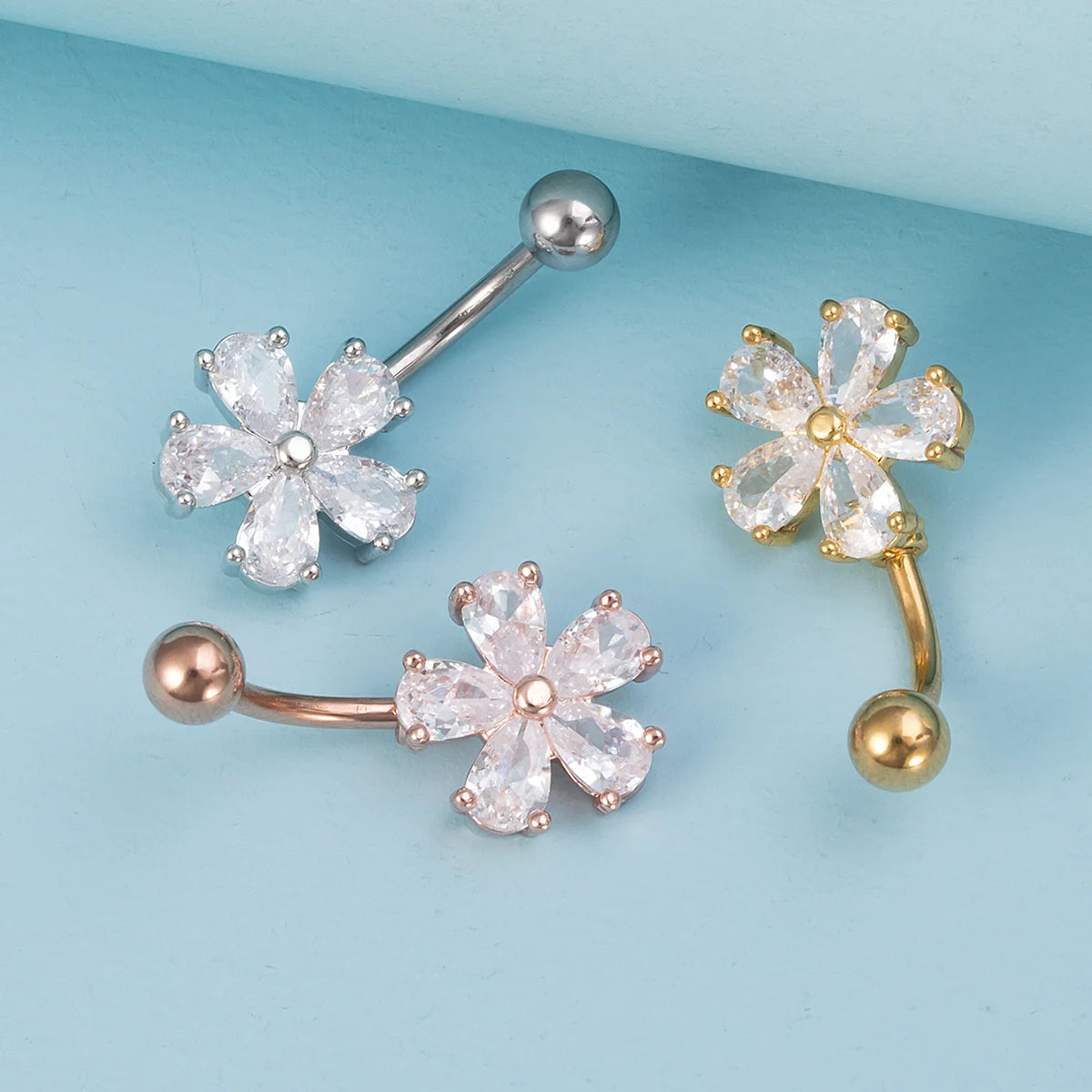 1pc Flower Zircon Belly Button Ring Navel Piercing Stud Stainless Steel Bar Ombligo Stud Body Jewelry