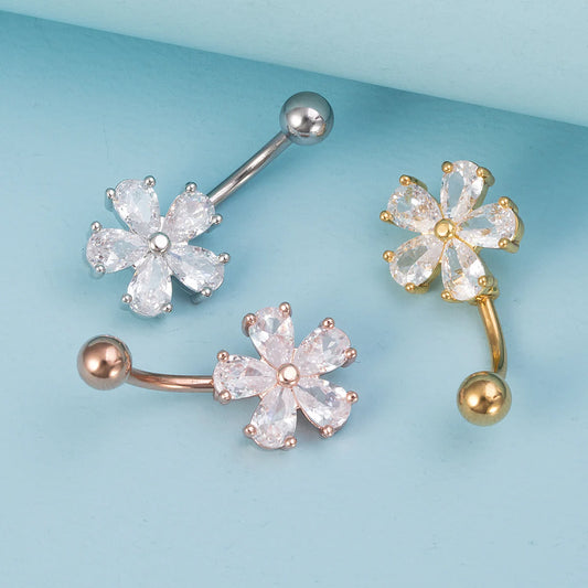 1pc Flower Zircon Belly Button Ring Navel Piercing Stud Stainless Steel Bar Ombligo Stud Body Jewelry