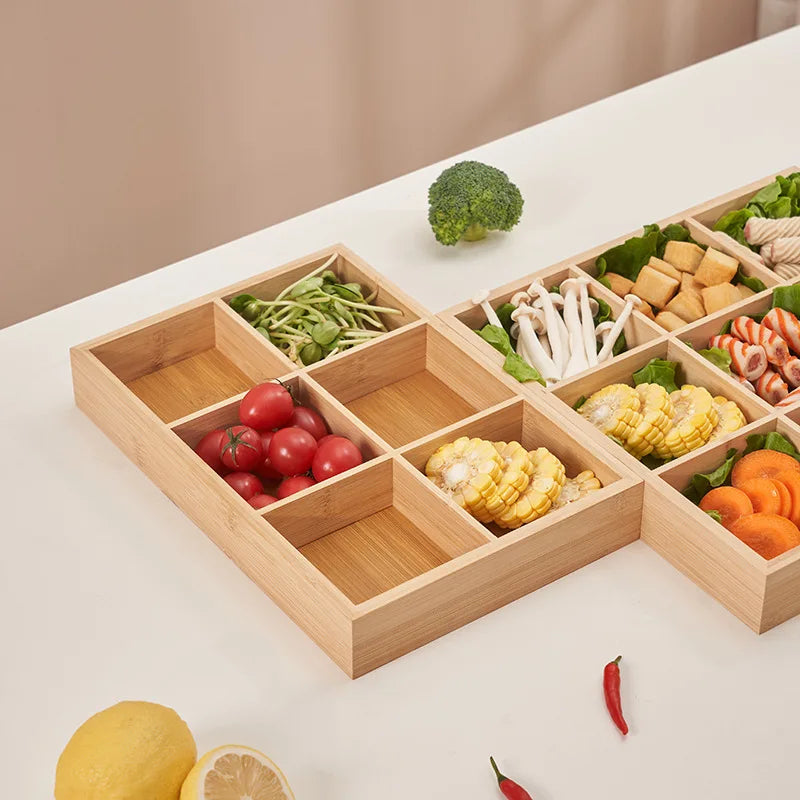 Tejesa Rectangular 6-compartment food tray & square 9 grid wood tableware snack plate sauce platter hot pot restaurant tray