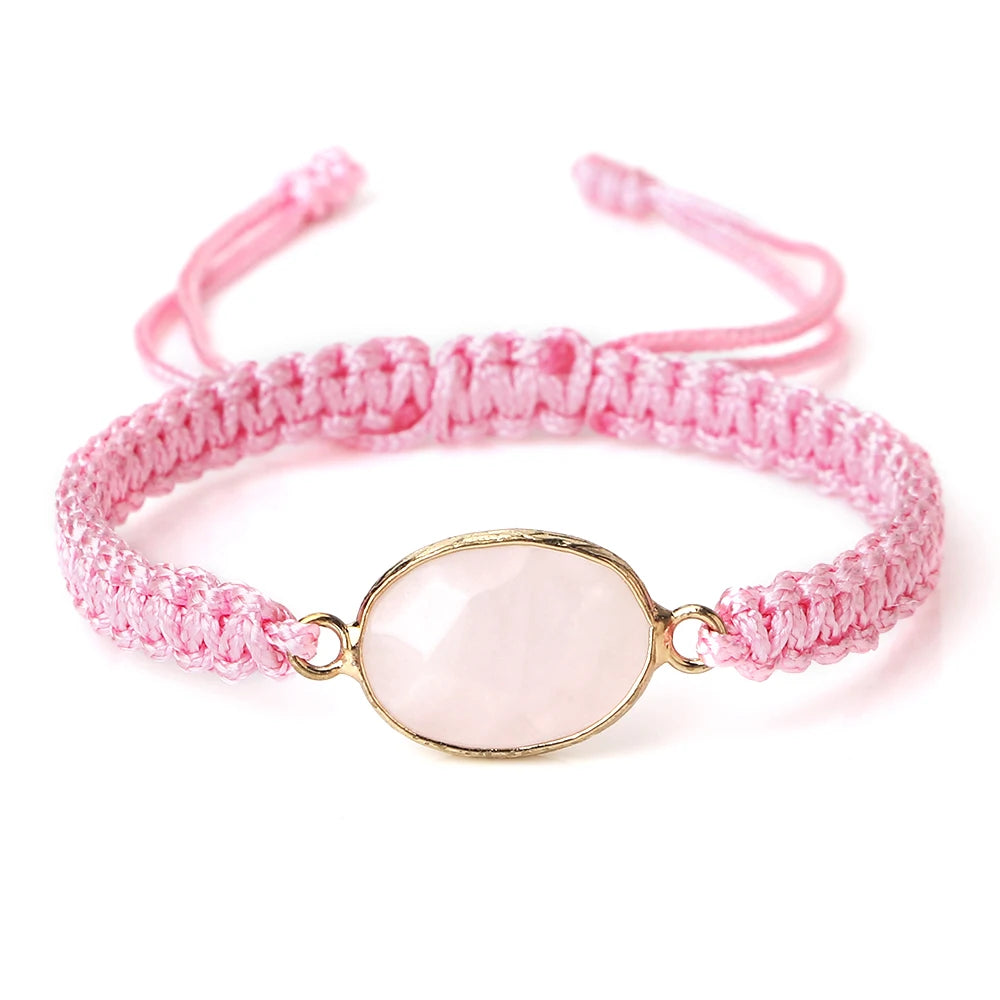 Pink Color Thread Chain Handmade Bracelets For Women Pink Crystal Oval Pendant Natural Stone Bracelets Femme New Fashion Jewelry