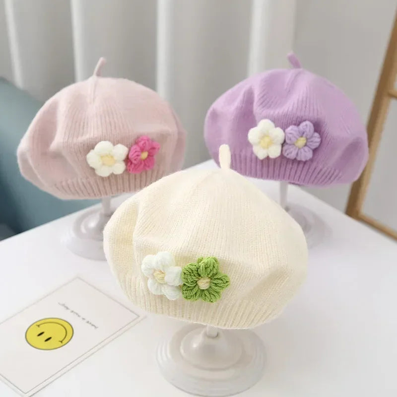 Flower Baby Beret Hat Winter Warm Knitted Beanie Cap for Infant Girls Korean Toddler Princess Artist Solid Color Painter Caps
