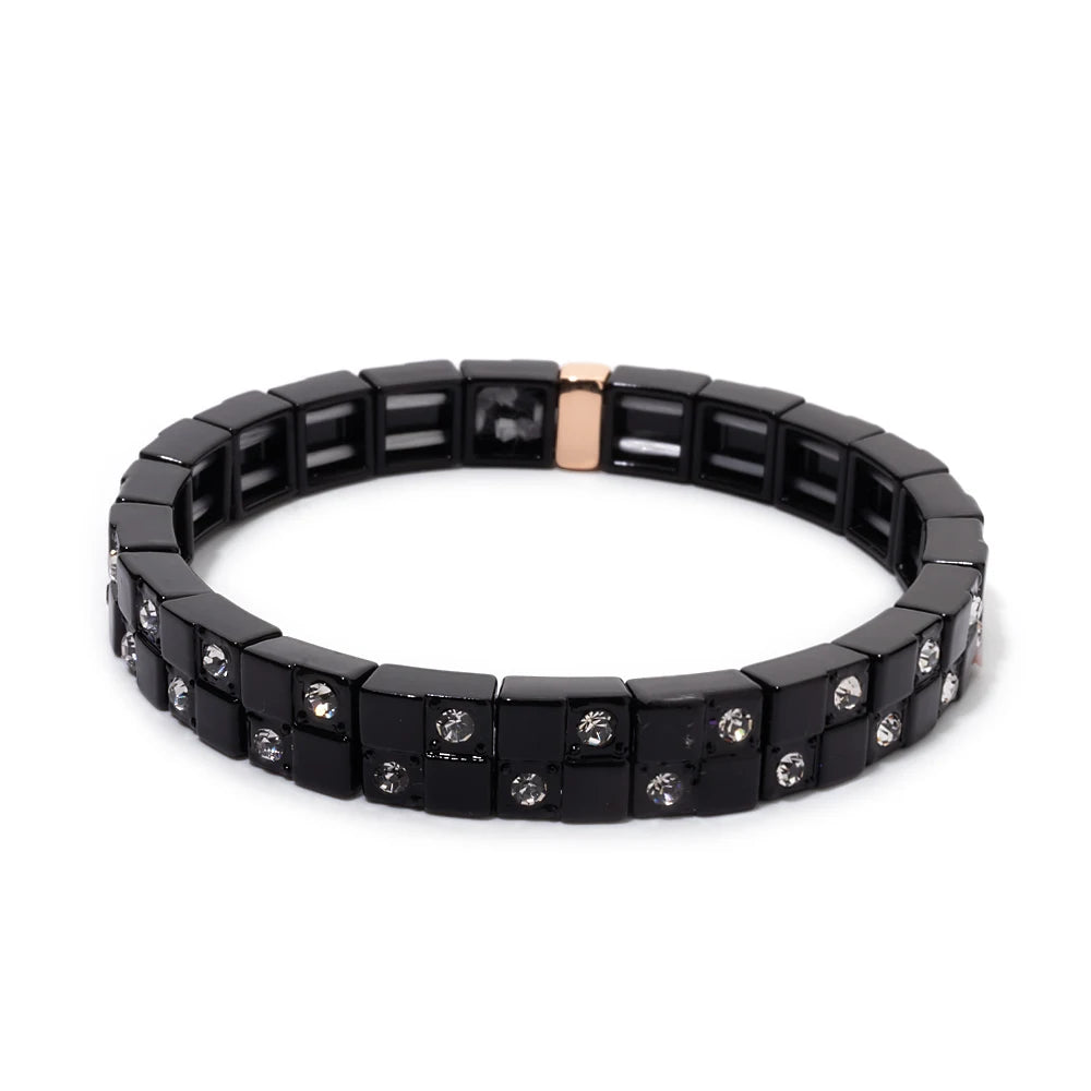 8x8mm Double Zirconia Charms Elastic Beaded Pure Color Bangle For Women