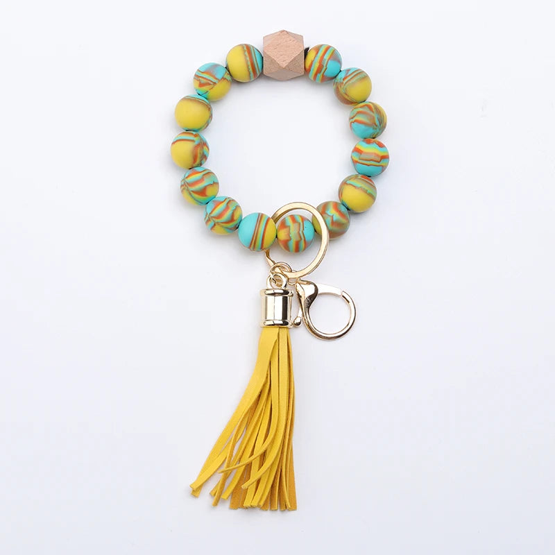 Hemasa  Silicone Bead Bracelet Tassel Keychain Colorful Stripes  Bead  Bag Key Pendant Gifts