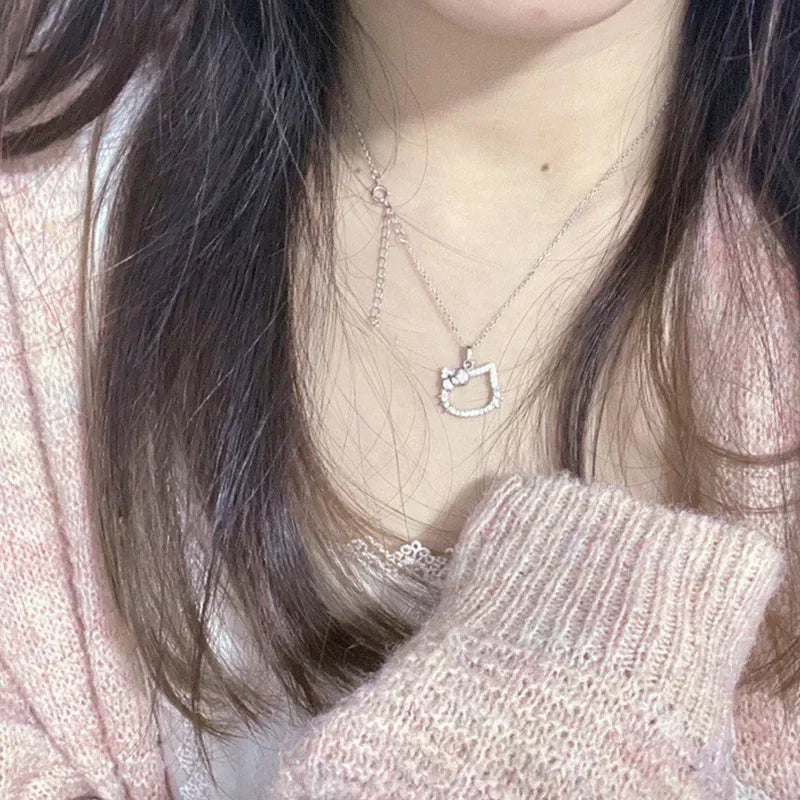 New Kawaii Sanrio Hello Kitty Sparkling Diamond Necklace Cartoon Cute Sexy Clavicle Chain Girl Cute Ring Jewelry Holiday Gifts