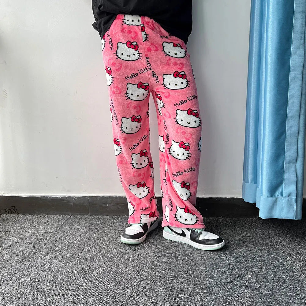 Hemasa  Hello Kitty Flannel Pajamas Black Women'S Warm Woolen Cartoon Casual Home Pants In Autumn Winter Fashion Trousers