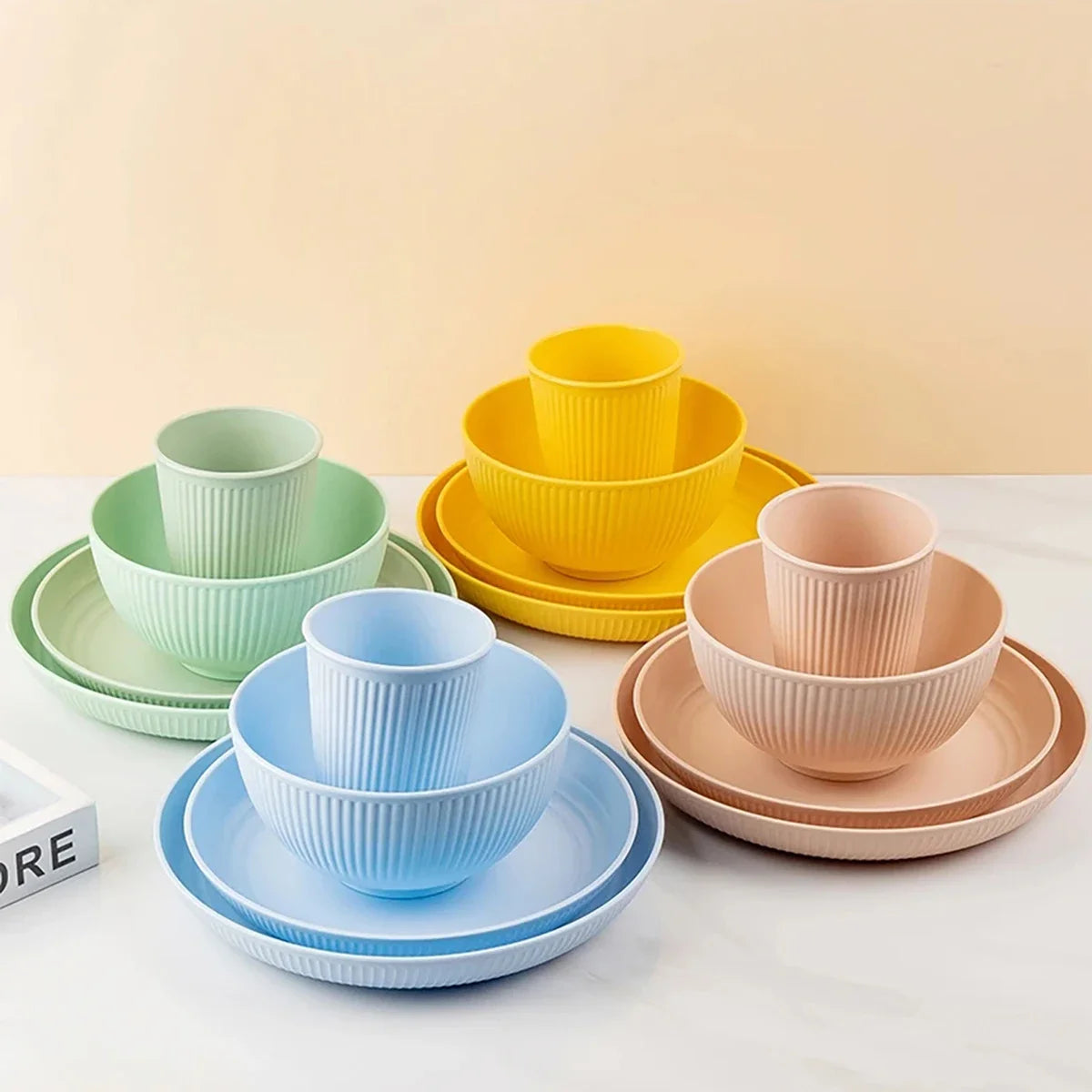 Heamsa 4Pcs Wheat Straw Tableware Set Plate Dish Bowl Cup Unbreakable Kitchen