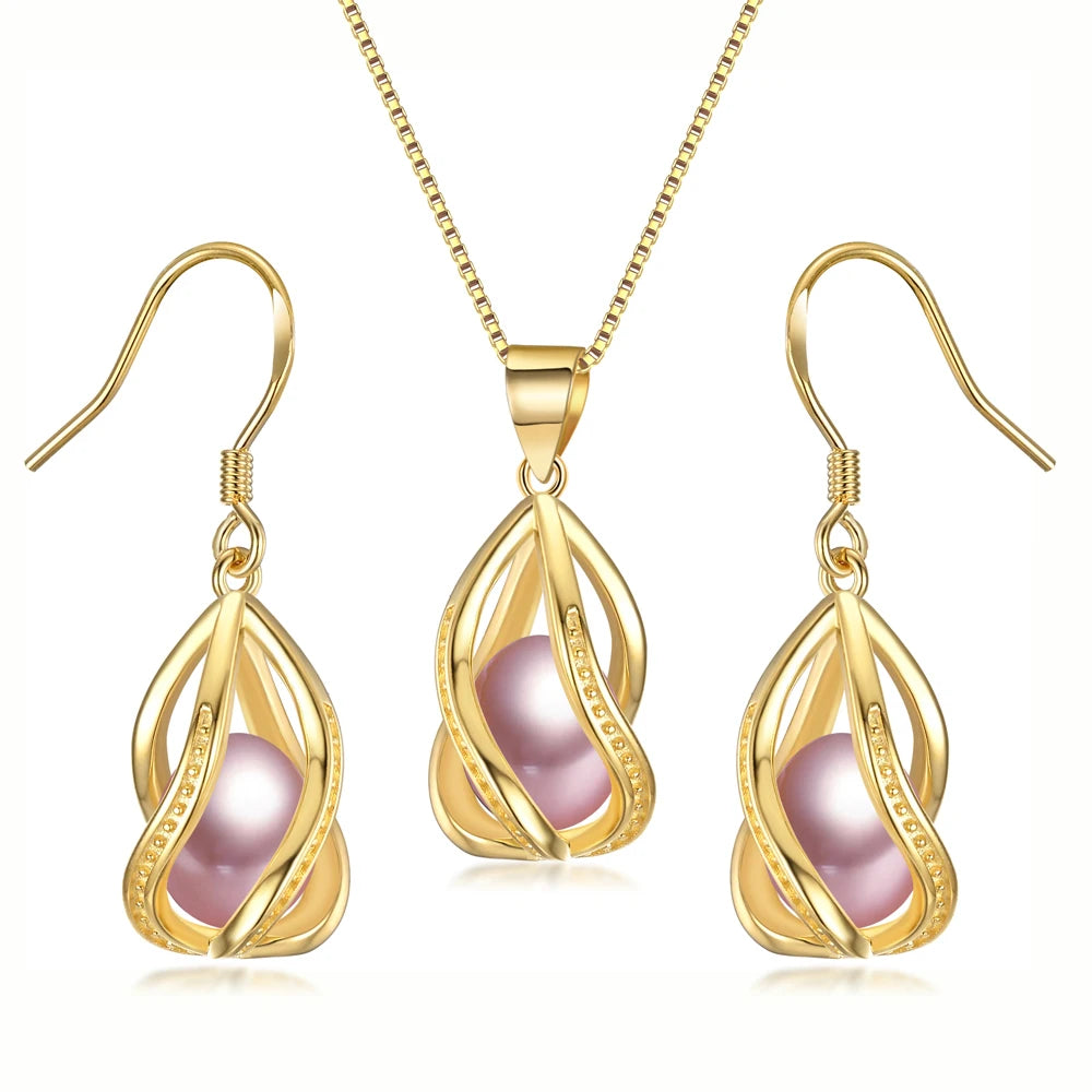 YWYC 8-9mm Natural Freshwater Pearl In Cage Pendant Necklace Drop Earrings & Pendant Jewelry Set for Women