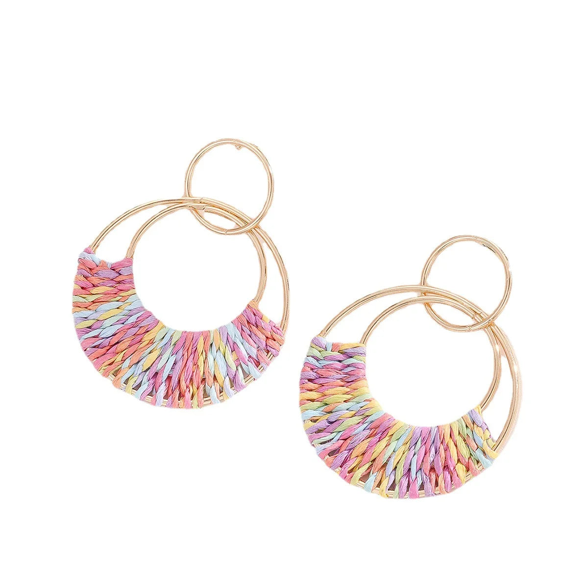 Summer Candy Circle Round Raffia Earrings Handmade Fashion Jewelry Accessories Bohemian Party Statement Earrings for Women