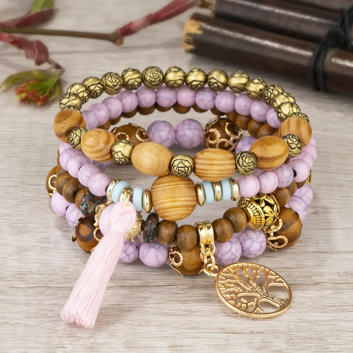 Bohemian Black Tassels Bracelet Set For Women Tree Of Life Charm Wooden Beads Elastic Chain Bangle Girls Fashion Jewelry