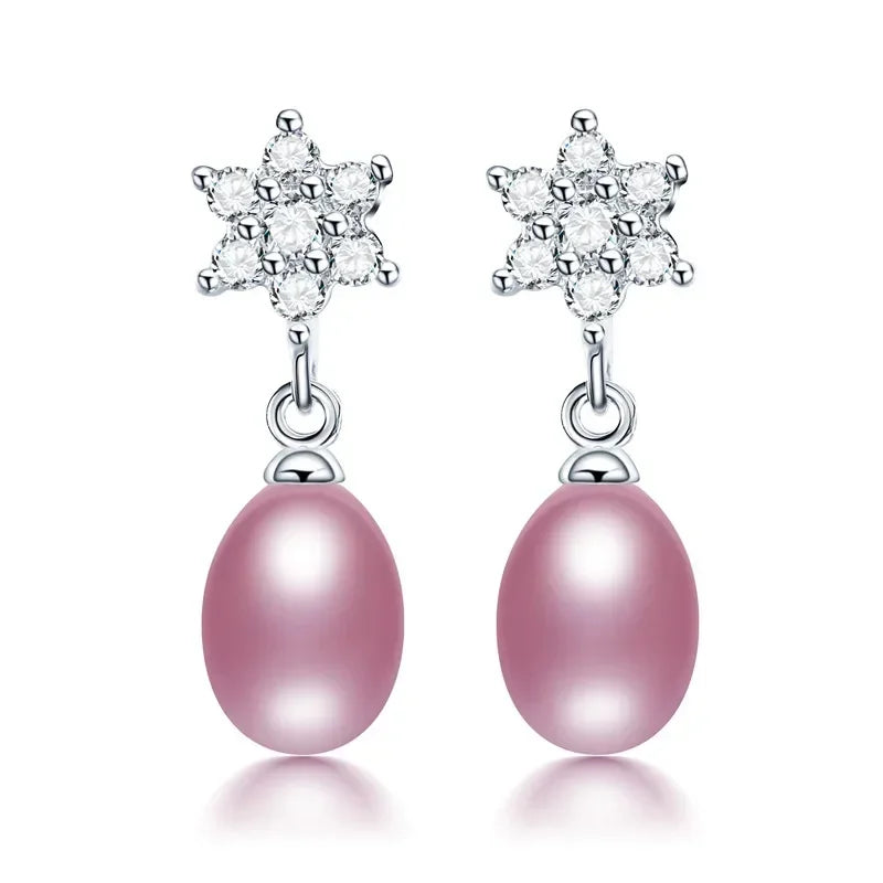 YWYC 8-9mm Natural Freshwater Pearl Earrings Jewelry Gift Hexagram Star 925 Sterling Silver Zircon Drop Earrings for Women