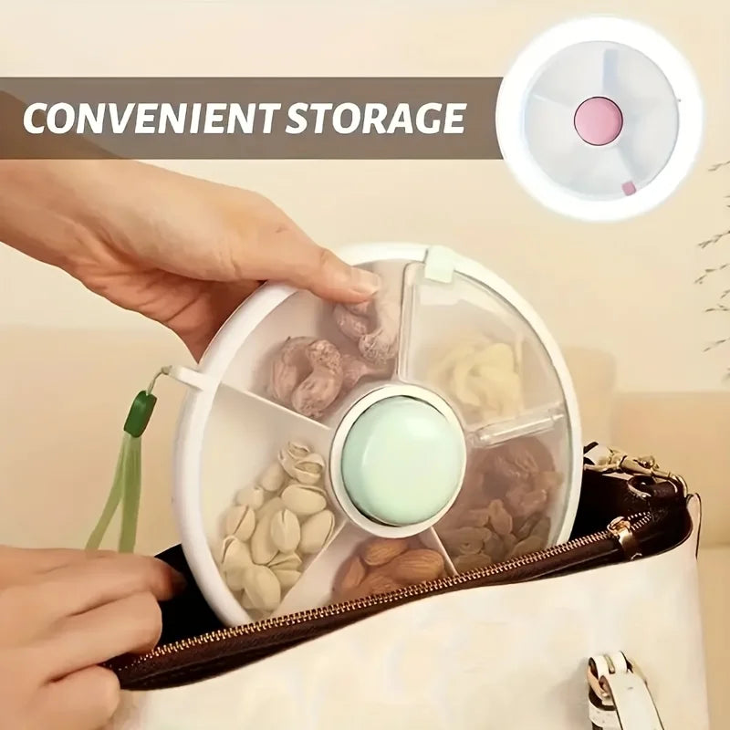 Tejesa 5-Compartment Rotating Snack Storage Box,Portable Outdoor Fruit Tray with Lid, Detachable and Washable Organizer for Home,School