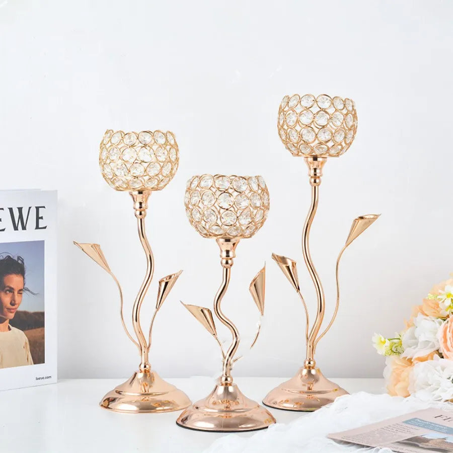Hemasa Gold Crystal Candle Holder/Iron Flower Shaped Candlestick Small Vintage Candlestick Set for Table Center piece Wedding Birthday