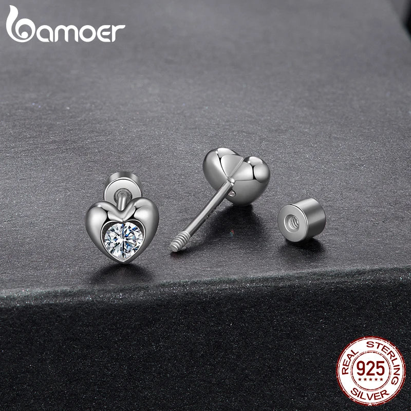 BAMOER Classic Heart Moissanite Screw-back Earring, Paved Setting Round Cut Lab Created Diamond for Women Engagement Gift S925