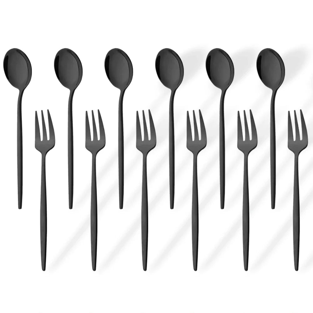Hemasa 12Pcs Stainless Steel  Gold Fork Spoon Set/ Cake Fork Snack Salad Coffee Fruit Fork Spoon Cutlery Kitchen Dinnerware Set