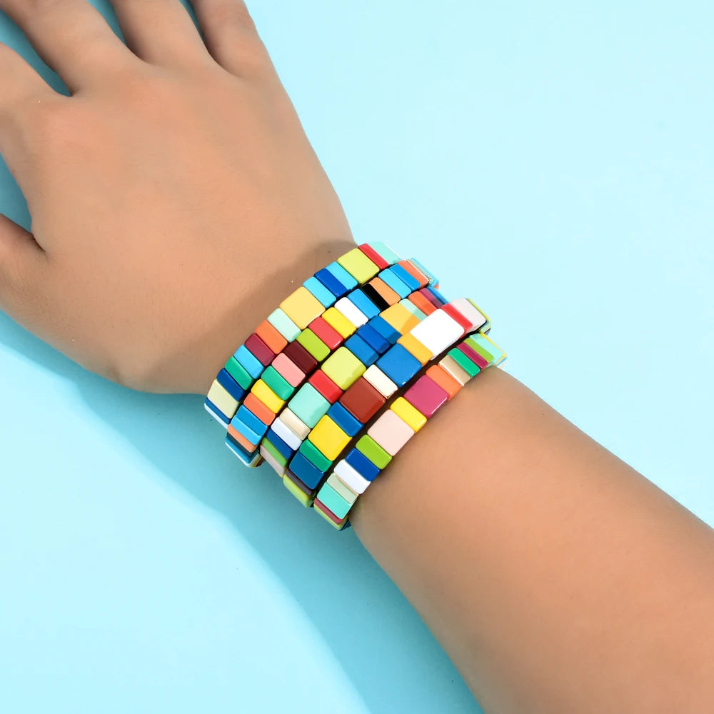 Hemasa Gold Color Enamel Rainbow Tile  Beaded Bracelet for Girls/Women