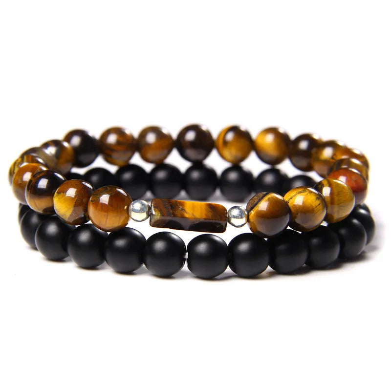 2pcs/set Beaded Bracelet Natural Stone Tiger Eye Hematite Beads Bracelet Men Energy Elastic Rope Bracelet Jewelry Couples Gifts
