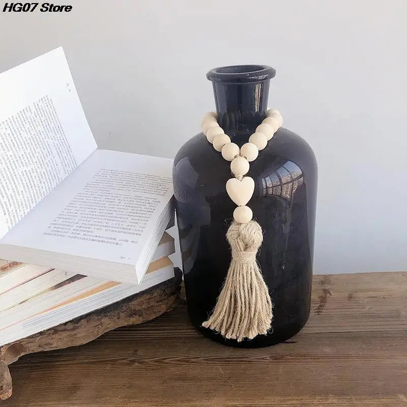 New 1Pc Log Color Wood Bead Garland Rustic Wall Hanging Hemp Rope Tassel Beaded with Heart Knot Woven Pendant Home Decoration