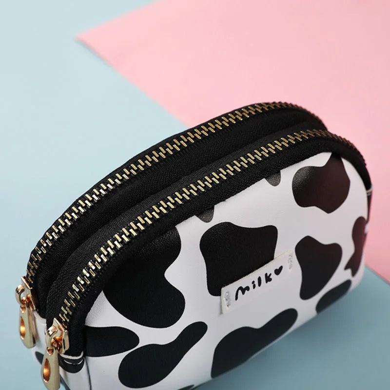 Cute Cow Pattern Coin Purse For Women Card Wallet Students Double Pocket Zipper Key Bag Portable Lipstick Bank Card Storage Bag