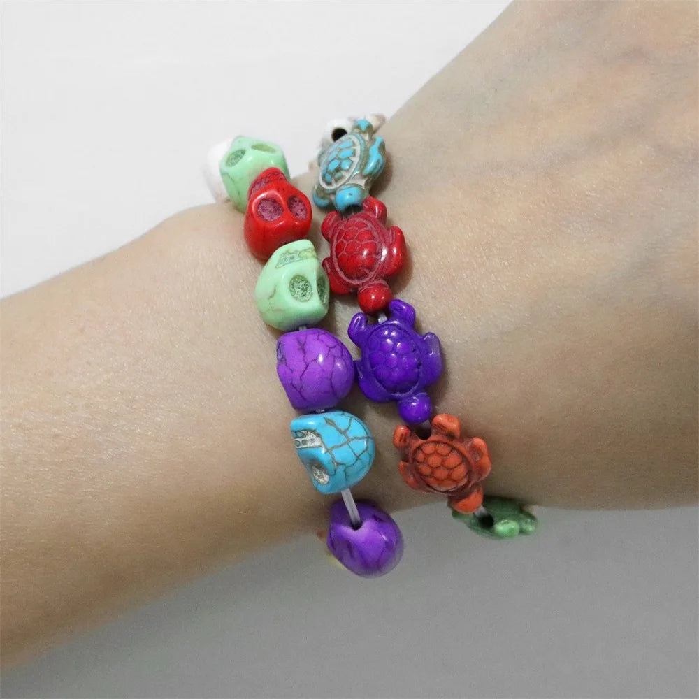 Colorful Skull Bracelet Sea Turtles Beaded Bracelets For Women Men Pink Red Blue White Howlite Stone Elastic Friendship Bangles