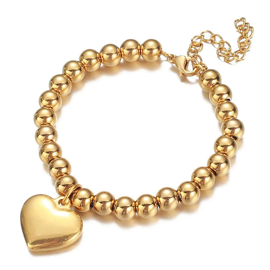 New Original Solid 316L Stainless Steel Beads Chain Bracelet Heart Pendant for Men Women  IP Gold Plated Metal Jewelry Gift