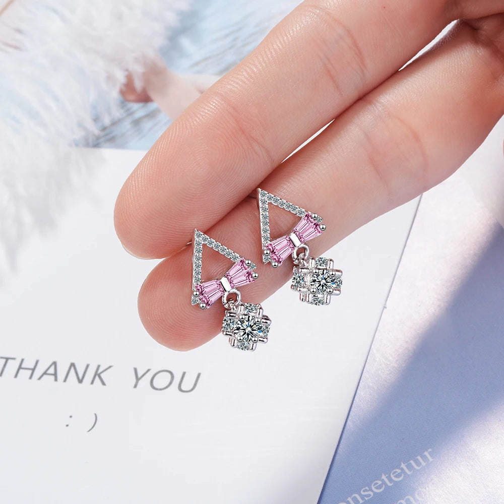 Charming 925 Sterling Silver Ultra-flash Zirconia Geometric Triangle Bowknot Earrings For Women Gift oorbellen S-E815
