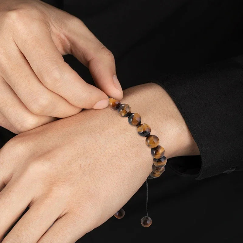 Hemasa Natural Lava Stone Black Stone Tiger Eye Beads Bracelet Adjustable Braided Rope Bracelet Men /Women